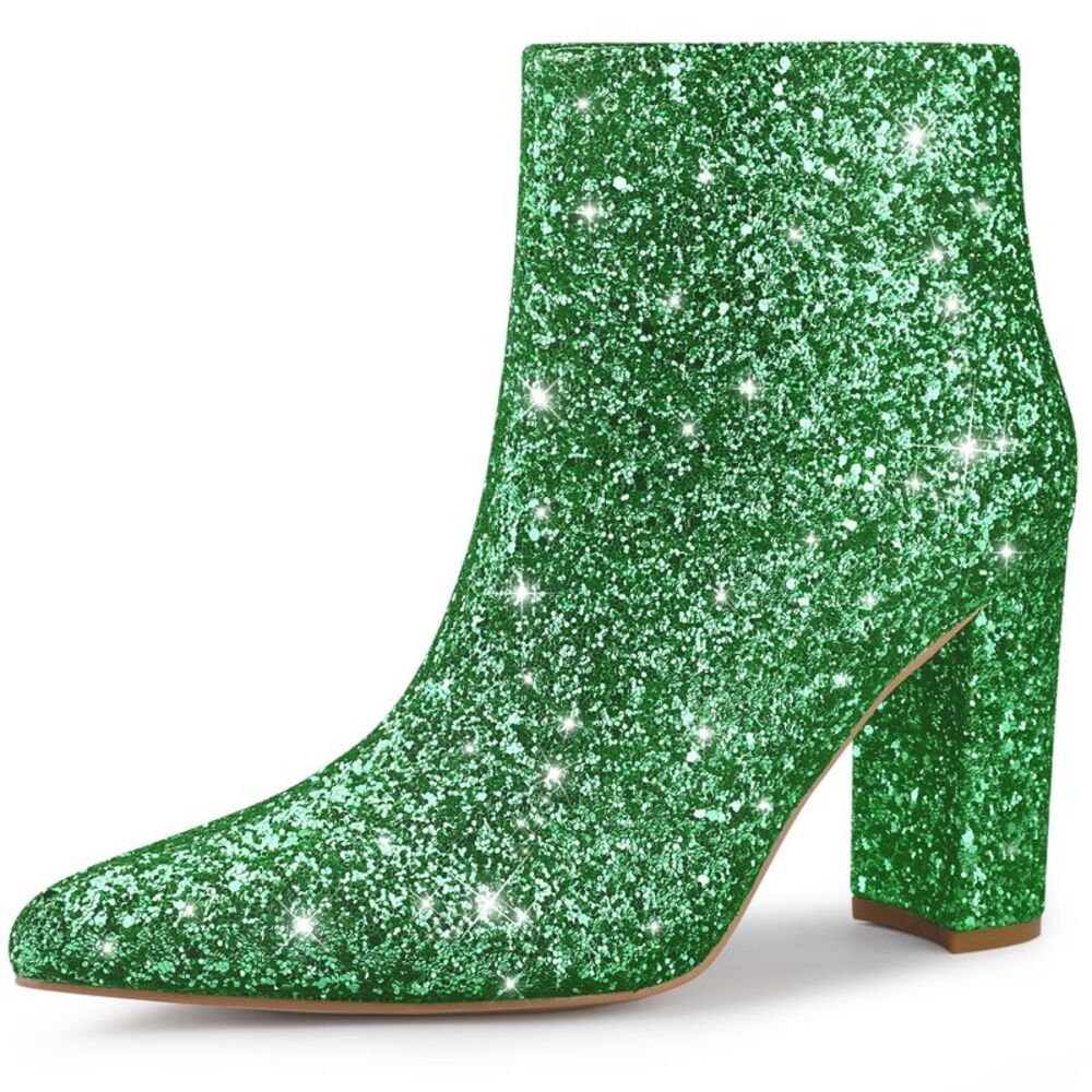 Glitter Pointed Toe Chunky Heel Sparkly Booties Green Ankle Boots